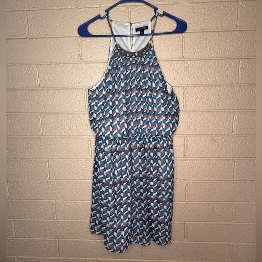 As U Wish Geometric Halter Mini Dress - Blue and White - Picture 1 of 7